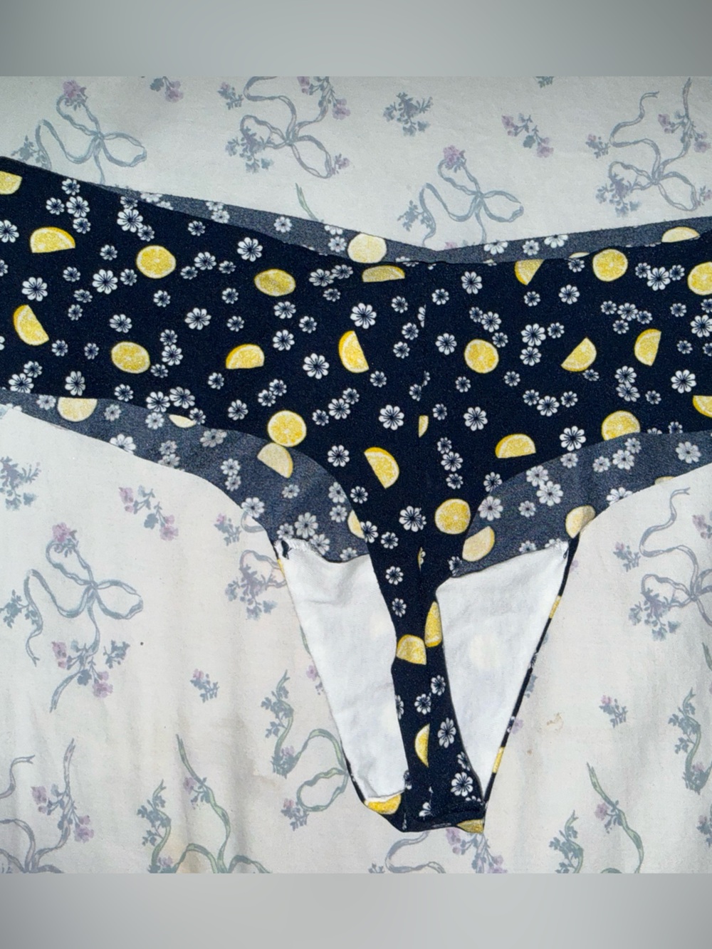 Victoria's Secret Navy Thong with Yellow Lemon & White Daisy Print